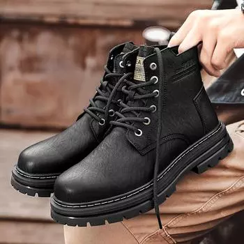 Fashion Men s Shoes Men Leather Fashion High Top Shoes 2024 New Lace-Up for Men Motocross Boots Classic Male Outdoor Ankle Boots 39 чёрный