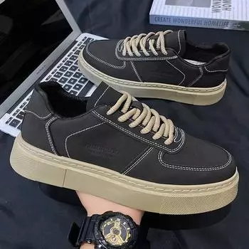 Fashion Men s Skateboard Shoes 2024 Autumn/Winter New Fashion Shoes Retro Thick Bottom Lace Up Comfort Non Slip Casual Shoes Sneakers 39 чёрный