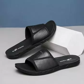 Fashion Men s Slippers Leather Summer Outside Men Sandals Lightweight Soft Sole Beach Slippers Casual Slide Mens Shoes Big Size 39 коричневый