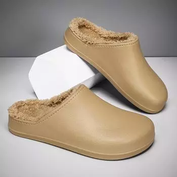 Fashion Men s Slippers Winter Fur Warm Waterproof Oil Proof Slippers Women Non-slip Kitchen Work Cook Shoes Chef Hotel 36-37 хаки