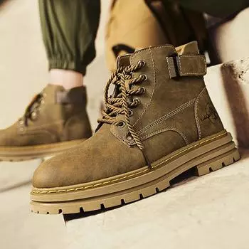 Fashion Men s Solid High Top Boots Classic No-slip Comfortable Lace Up Boots for Men s Fashion Leather Shoes High Quality Handmade Boots 38 жёлтый