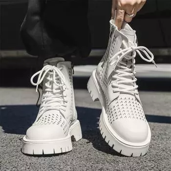 Fashion Men s White High-top Leather Boots 2024 New Outdoor Winter Work Walking Ankle Boots British Style Thick Soled Hollow Out Boots 38 белый