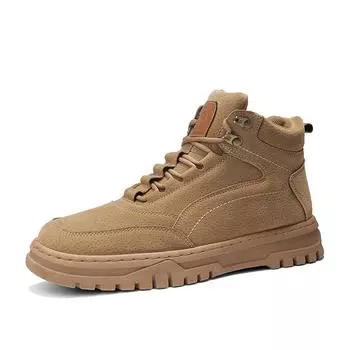 Fashion men s winter warm plus velvet British style tooling boots high-top leather men s shoes couple large size boots men 2024 39 песочный