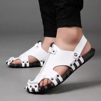 Fashion Men Sandals Genuine Leather Summer Casual Shoes Fashion Comfortable Barefoot Sandals Handmade Men Adult Slippers Chanclas Hombre 38 белый