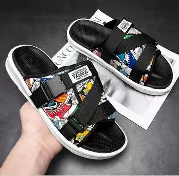 Fashion Men Sandals Summer Graffiti Classic Men Shoes Slippers Soft Sandals Men Comfortable Walking Footwear Outdoor Casual Flip-Flops 6.5