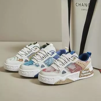 Fashion Men Shose Summer 2024 New Wave Flower Shoes Men s Tide Shoes Men s Leather Sports Casual Breathable Board Shoes Plus Size 40 35 синий