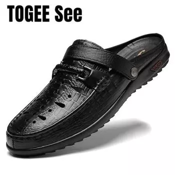 Fashion Men Slippers New Outdoor Half Shoes For Men Half Drag Casual Flats High Quality Beach Slippers Genuine Leather Non-slip Sandals 35