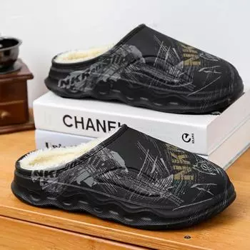 Fashion Men Slippers Winter New Keep Warm Plush EVA Soft-soled Platform Slides Indoor Outdoor Walking Shoes Big Size 38-47 38-39 чёрный