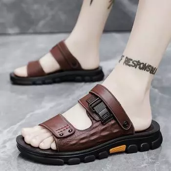 Модные мужские летние сандалии, удобные, полые, нескользящие, мягкие, прохладные, легкие, дышащие, универсальные, классические, носимые, модные, повседневные, кожаные сандалии 38 чёрный