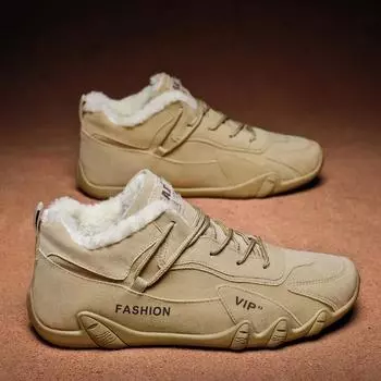 Fashion Men Winter Ankle Boots Warm Lace-up Cotton Shoes Men Footwear Casual Shoes Classic Flat Short Boots for Men Fashion Fur Sneakers 39 бежевый