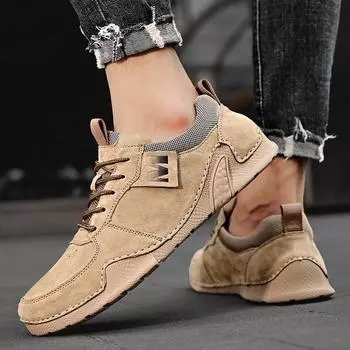 Fashion Mens Casual Shoes Leather Sneakers 2024 New Fashion Loafers Shoes Waterproof Lace Up Mens Anti-slip Wearable Outdoor Flats Shoes 38 серый