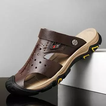 Fashion Mens Casual Shoes Summer Genuine Leather Outdoor Beach Sandals Handmade Designer Non-slip Breathable Men Slippers Mocassins 38 коричневый