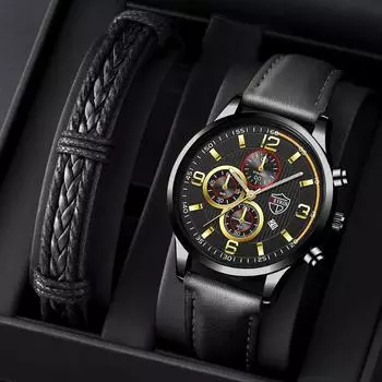 Модные мужские роскошные часы мужские аналоговые наручные часы из искусственной кожи с ремешком мужские кварцевые часы мужские часы с датой браслет набор синий/чёрный