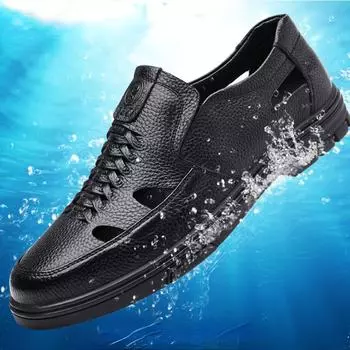 Fashion Mens Sandal 2024 Summer New Genuine Leather Sandals Soft Leather Soft Sole Cowhide Casual Hole Shoes Fashion Leather Shoes Male 38 коричневый