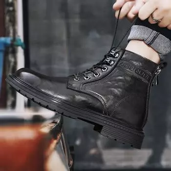 Fashion Mens Sneakers Genuine Leather Men Zip Lace-up Boots Male Comfortable High Top Shoe Classic Men Desert Boots 38 коричневый