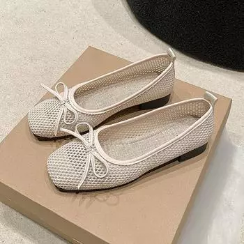 Fashion Mesh Breathable Zapatos Mujer 2024 Summer Korean Fashion Square Head Flat Bottom Shallow Mouth Bow Versatile Sandalias De Mujer 35 бежевый