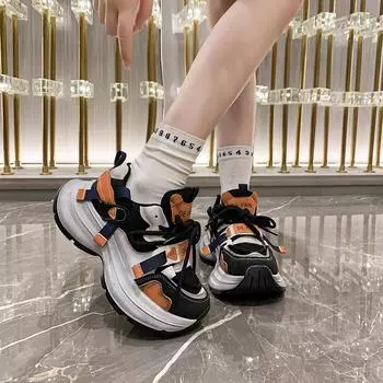 Fashion Mesh Genuine Leather Women s Vulcanized Thick Sole Sneakers Thick Sole Wedge Fall Thick Sole Spring and Summer Fashion Shoes 35 чёрный