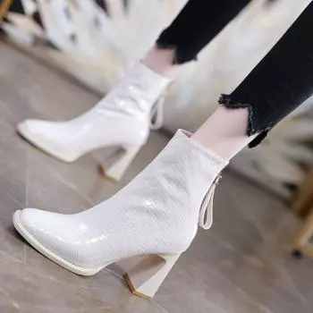 fashion Mesh High Heels Women Ankle Boots Square Toe Shoes Winter 2024 Trend Elegant Office Shoes Fashion New Zipper Chunky Botas Mujer 34 бежевый
