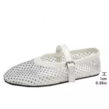 Fashion Mesh Hollow Sparkling Rhinestone Flats Women Belt Metal Buckle Design Ballet Pumps Summer Breathable Elegant Mary Jane Loafers 35 белый