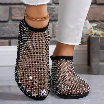 Fashion Mesh Low Heel Casual Sandals 2024 Fashion Slip-On Shoes for Women Solid Bling Square Heel PU Women s Sandals Sandalias De Mujer 36
