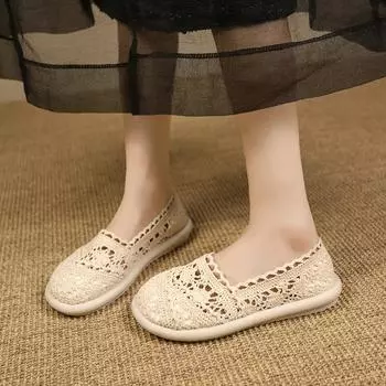 Fashion Mesh Round Toe Flats Spring/Autumn Solid Ladies Shoes on Sale 2024 High Quality Slip-on Hollow Concise Flats Sapatos Rasos 35 бежевый