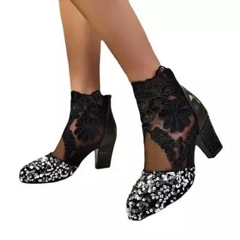 fashion Mesh Sandals High Heel Women s Shoes 2024 High Quality Square Heel Bling Classics Women s Sandals 35 чёрный