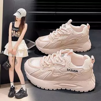 Fashion Mesh Synthetic Chunky Sneaker Casual Breathable Summer Genuine Leather Platform Vulcanize Wedge Fashion Shoes 35 бежевый