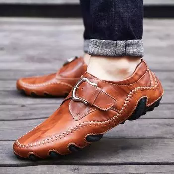 Fashion Metal Buckle Genuine Leather Loafers Men Brand Luxury Shoes Brown Moccasin Mens Flat Non-Slip Driving Shoes Slip-On Shoe 38 чёрный