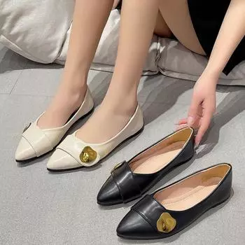 Fashion Metal Decoration Women Shoes 2024 Autumn New Pointed Flat Shoes Comfort Shallow Mouth Casual Shoes for Women Zapatos 35 бежевый