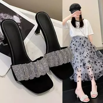 Fashion Microfiber Summer Modern Slippers Mid Heel Outside Shoes Female 2024 Hot Sale Solid Thin Heels Bling Concise Women s Slippers 34 бежевый
