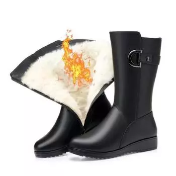 Модные сапоги до середины голени, женская зимняя обувь, осенне-зимние сапоги на платформе и высокой танкетке, женские теплые сапоги из бархата на низком каблуке 35 чёрный