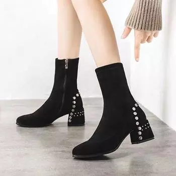 Fashion Mid Calf Round Toe Black Shoes For Women Ladies Boots Biker Footwear Studded Half High Gothic Hot Stylish And Low Price Pu 34