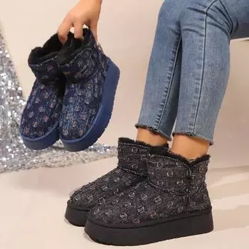 Fashion Mid-calf Snow Boots Women s Short-calf Cotton Shoes Winter Warm Flocking Thickened Bread Shoes Simple Style 35 чёрный