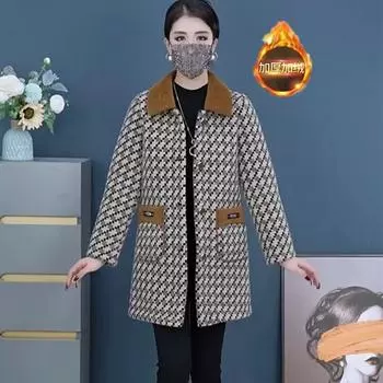 FASHION Middle-aged mother autumn winter clothing medium long fashion foreign style new middle-aged elderly women wear plaid square collar Clothes L темно-коричневого