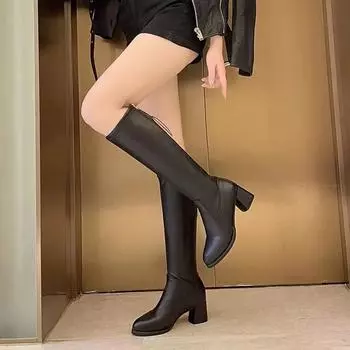 Fashion Middle Heel Ladies Boots Footwear Lace-up Winter Knee High Shaft Black Long Round Toe with Laces Shoes for Women Trend 2024 Goth 34
