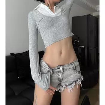 Fashion Millennium Sexy Washed Frayed Hem Low Waist Denim Super Short Shorts Female 2025 Spring and Summer New Arrival Hot Hip Pants Tide Light gray S