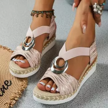Fashion Mix Color Women s Wedge Sandals 2024 Summer Metal Decoration Platform Rome Sandals Woman Peep Toe Thick Bottom Sandalias 36 бежевый