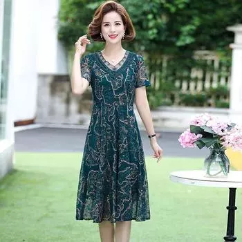 Fashion Mom Summer Clothes Chiffon Dress 50-Year-Old Women s Short-Sleeved Dress Noble Middle-Aged and Elderly Female Dress Summer Green XL [Suggested 45.00 kg-53.00 kg]]