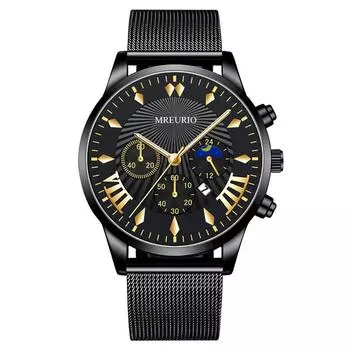 Fashion Moon Three Eyes Calendar Men s Watch Men s Watch Milan with Mesh Strap