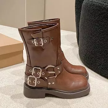 Fashion Motorcycle Boots Women British Belt Buckle Ladies Shoes Outdoor Mid-calf Cowboy Boots 2024 Novelty Spring Autumn Shoe 35 чёрный