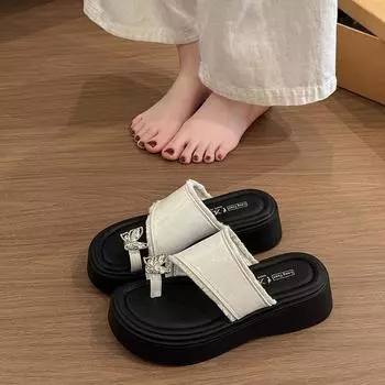 Fashion muffin thick bottom cover toe rhinestone cool slippers women s new summer height increase versatile outer wear foot flip-flops 35