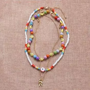 Fashion Multi-Layer Alloy Resin Soft Pottery Finger Pendant Smiley Face Necklace Women S Collarbone Chain Necklace
