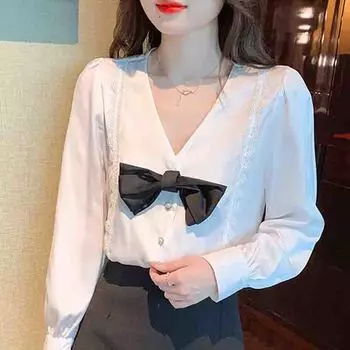 Fashion New 2024 Autumn Long Sleeve Bow V-Neck Casual white Chiffon Blouse Shirt Women Tops blouses shirtsJ572 S бежевый