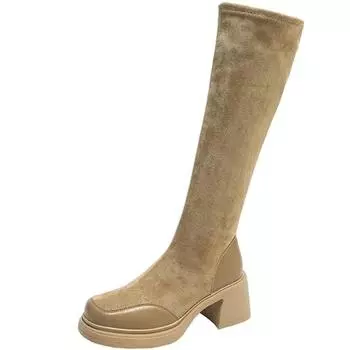 Мода 2024 Осень Женские Замшевые Кожаные Длинные Сапоги Танкетка Носки Обувь Рыцарь Зимние Теплые Плюшевые Мотоциклетные Сапоги Обувь 34 хаки