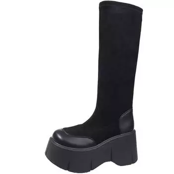 Мода 2024 Осень Женские Замшевые Кожаные Длинные Сапоги Танкетка Носки Обувь Рыцарь Зимние Теплые Плюшевые Мотоциклетные Сапоги Обувь 34 коричневый