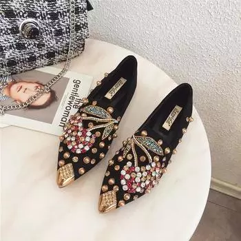 Fashion New 2024 Pointed Toe Women Flat Rhinestones Loafers Autumn Rivets Classic Ladie Flats Shoes Women s Ballet Flats Soft Boat Shoes 35 чёрный