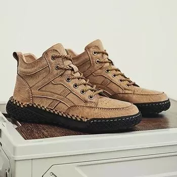 Fashion New 2024 Stylish Men Handmade Casual Leather Basic Boots Outdoor Antiskid Flat Design Hiking Sneakers Comfy Lace-Up Ankle Boots 38