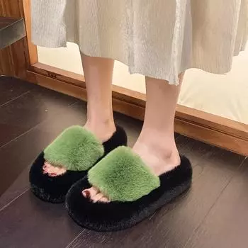 Fashion New 2025 Winter Fluffy Fur Slippers Women Fashion Plush Fuzzy Slippers Indoor Open Toe Flats Cotton Shoes Comfort House Slippers 35 хаки