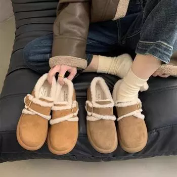 Fashion New 2025 Winter Women Shoes Casual Flats Women Moccasins Soft Loafers Fashion Thick Heel Warm Plush Slip on Female Cotton Shoes 35 малиновый