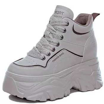 Новые модные 8 см натуральная кожа высокие женские туфли на платформе танкетке ботильоны скрытый каблук зима осень теплые плюшевые кроссовки 34 чёрный